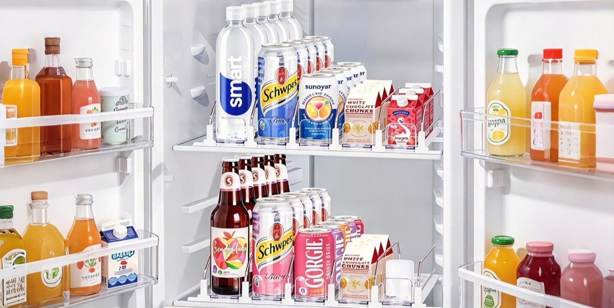 Chilled juice display where lanes combine dividers with forward-facing presentation