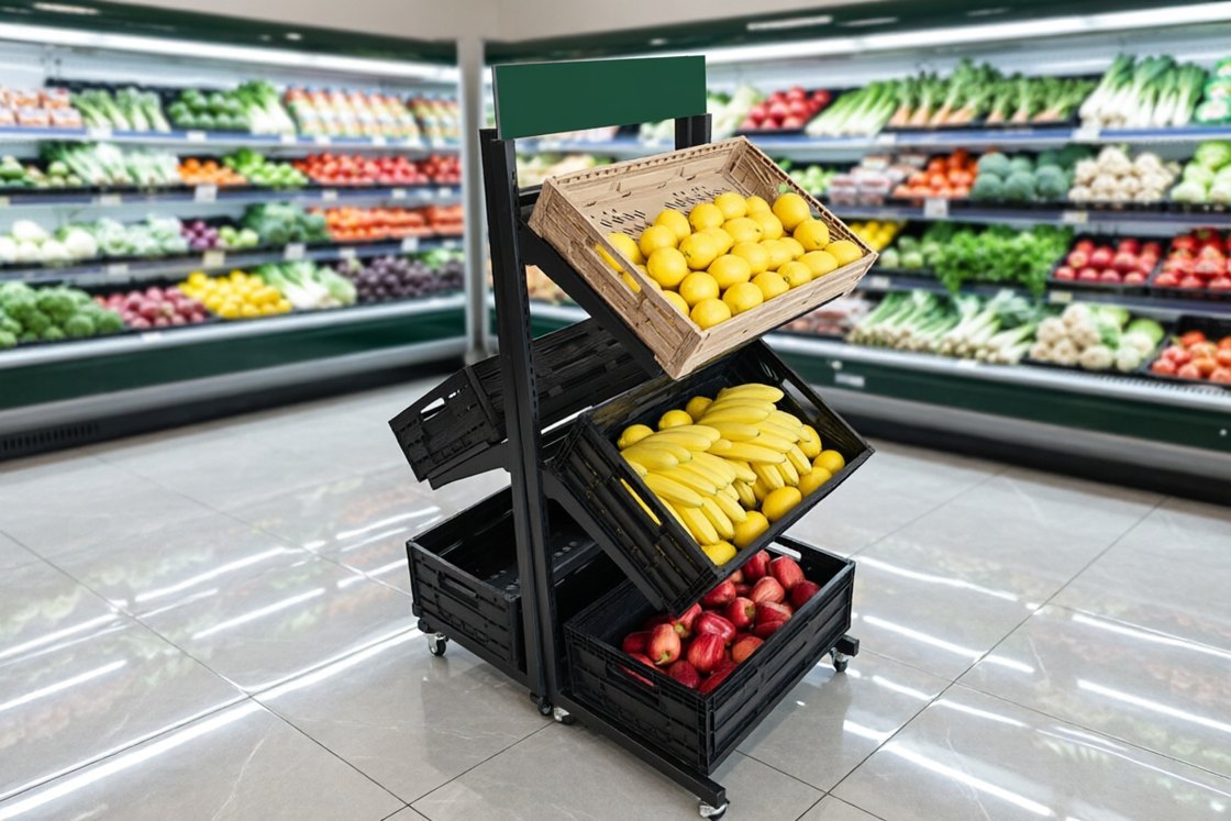 Black produce display rack with tilted shelves holding JW-21A wood-tone and matte black crates filled with lemons and apples in a grocery store