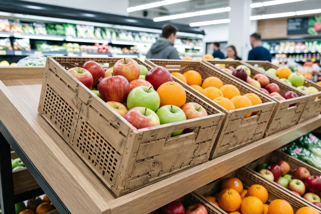 Wood-tone JW-21A foldable plastic crates filled with apples and oranges on a supermarket produce table