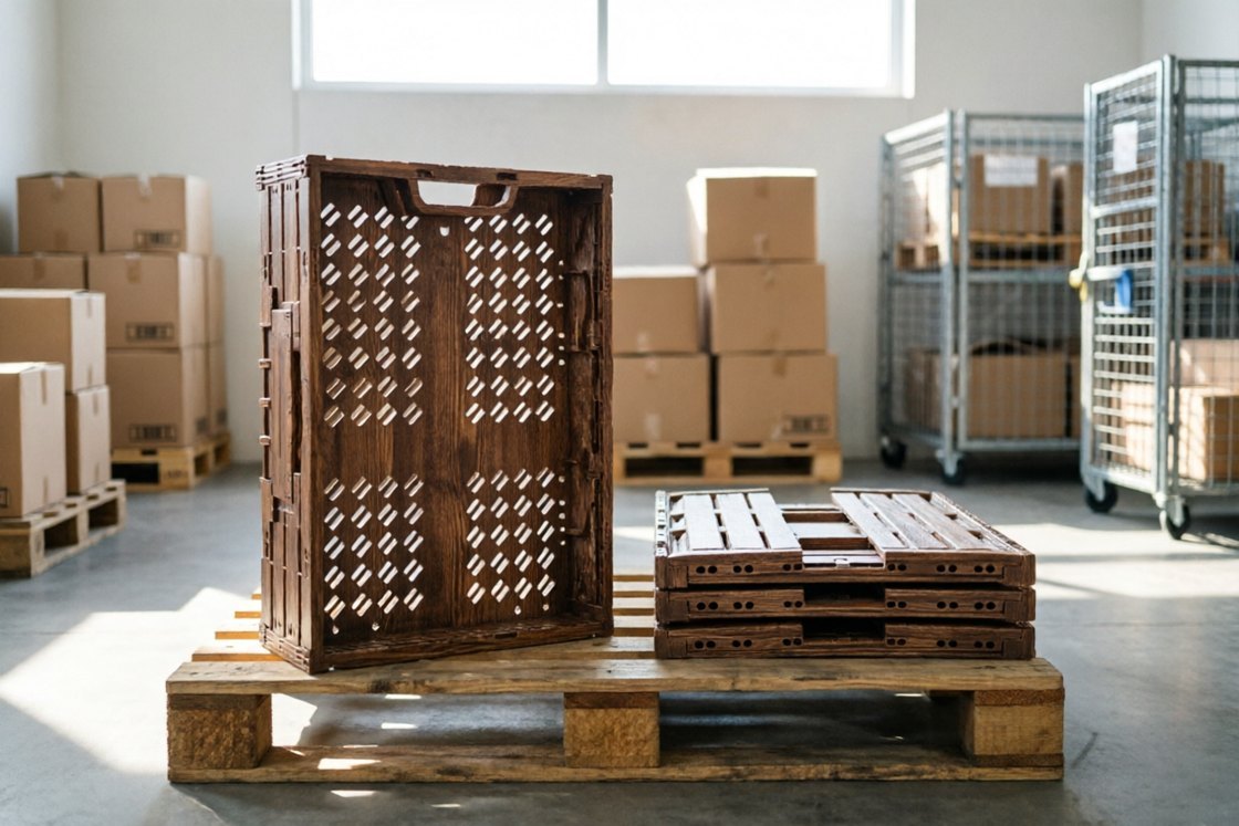 JW-21A crates folded flat and stacked on a warehouse pallet next to one assembled crate