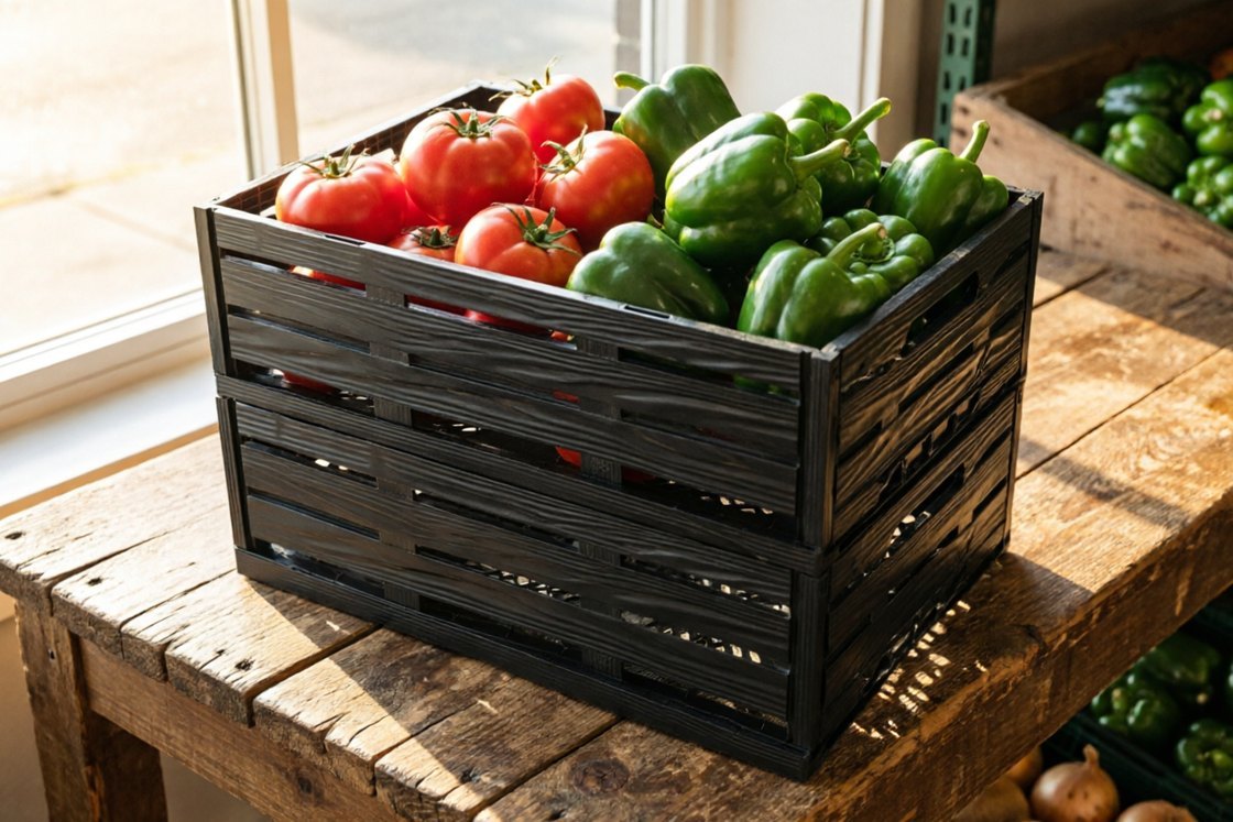 Matte black JW-21A foldable crate filled with tomatoes and peppers in a grocery store