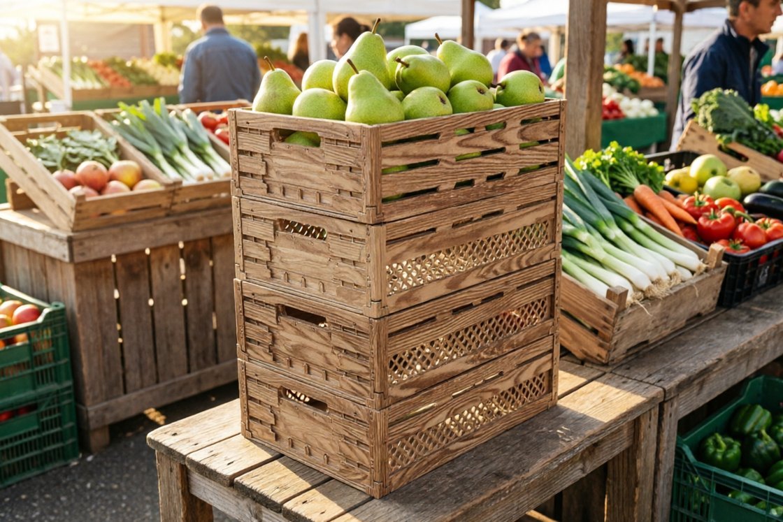 JW-21A wood-tone foldable crates stacked three high with green pears on top at a farm market stall