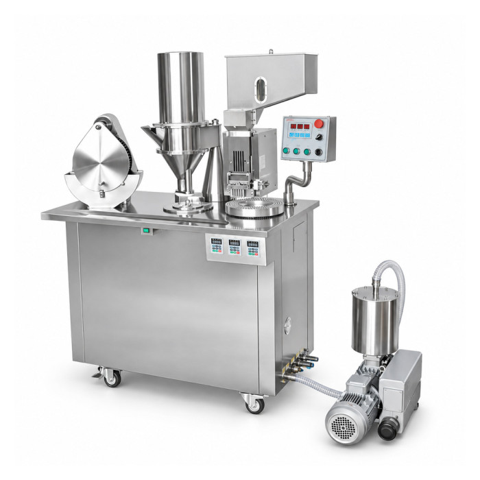Semi Automatic Capsule Filler with Vacuum Separation and Locking for Powder Pellets and Granules