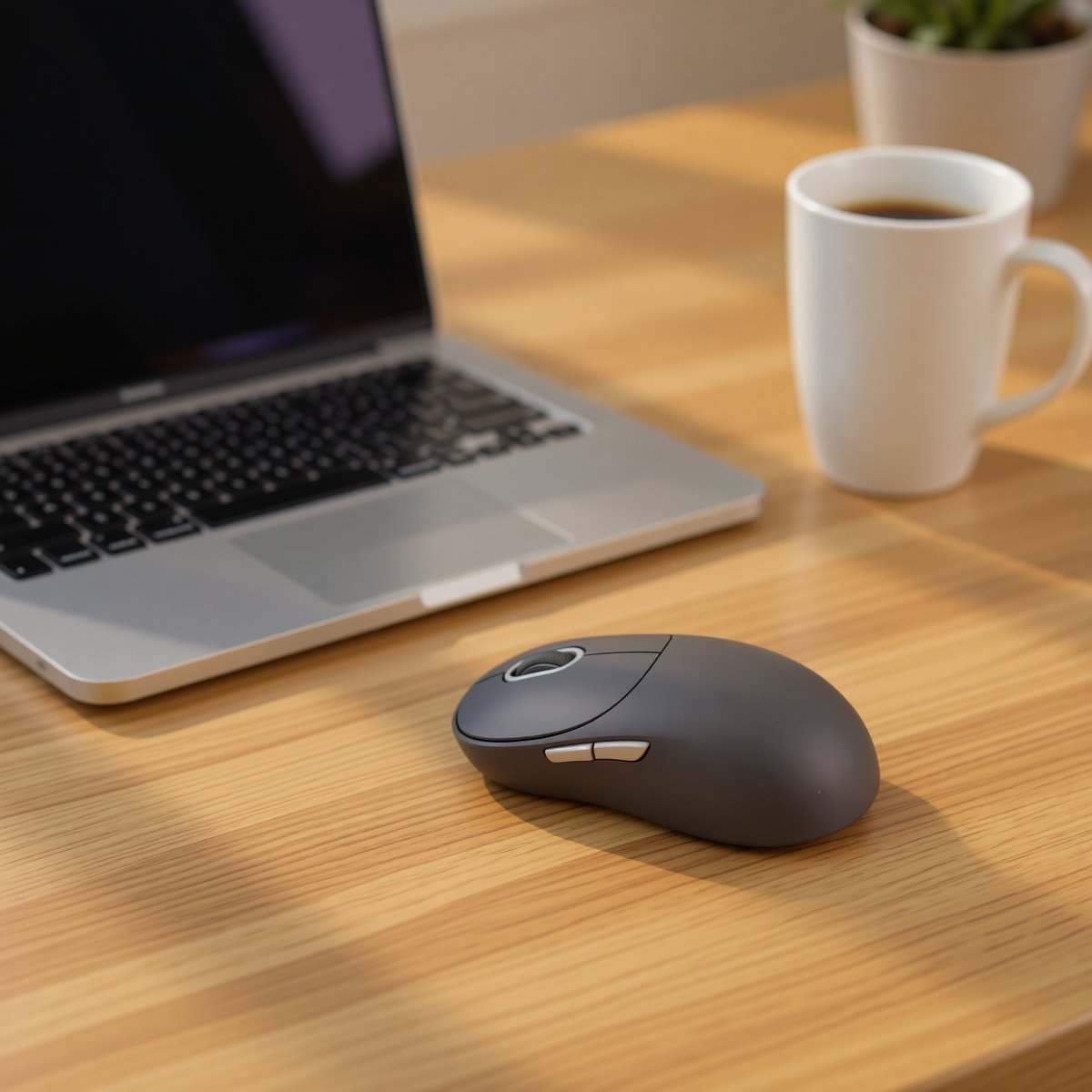 Mouse on modern wooden desk with laptop