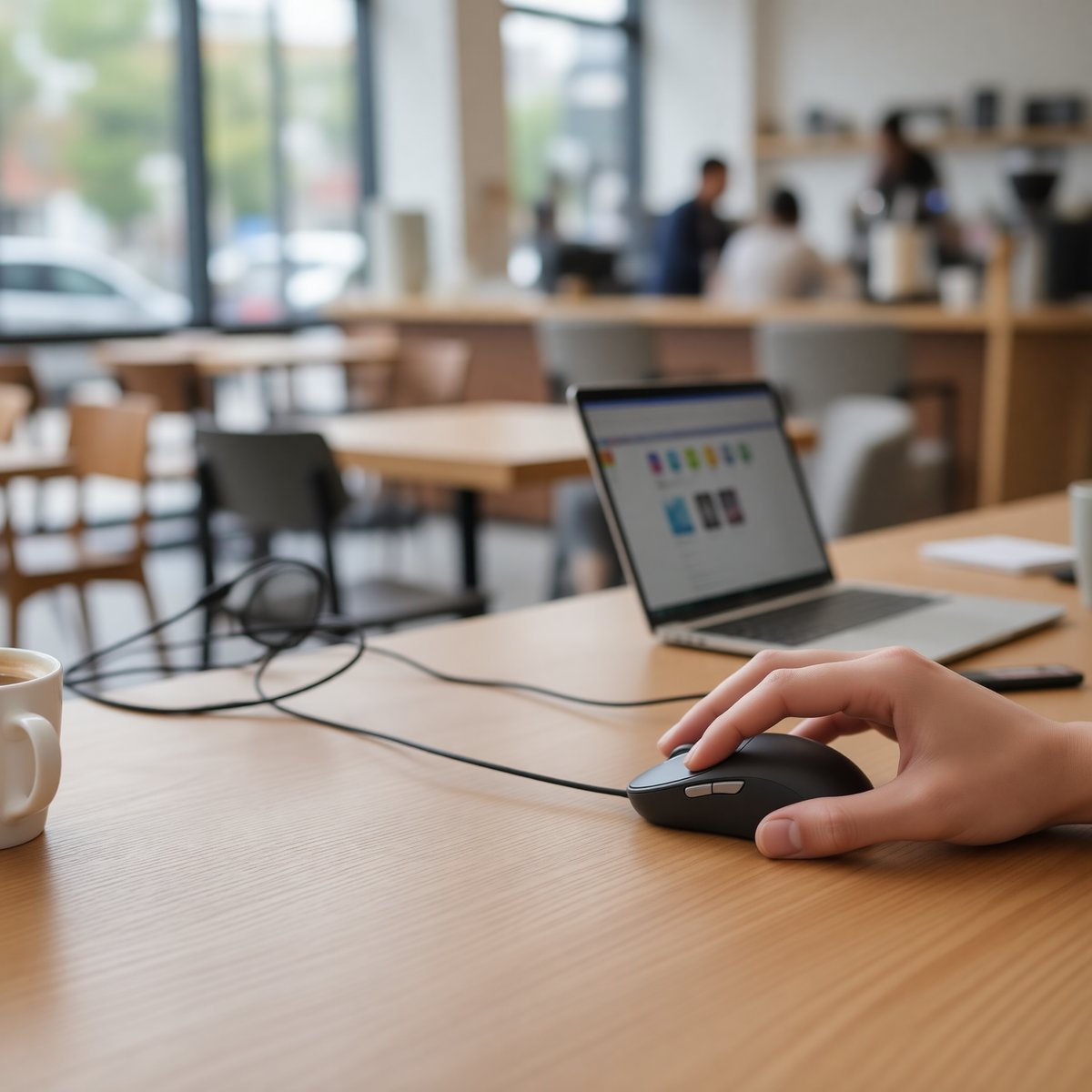 Hand using mouse in coffee shop