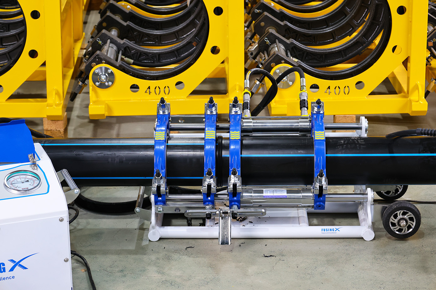 PE pipe secured in FX200 four-clamp butt fusion machine frame