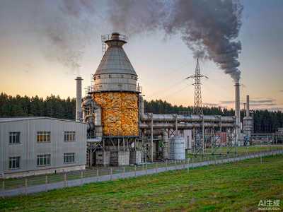 Steel mill facility with blast furnace and gas pipelines coated with heat-resistant protective coating at dusk