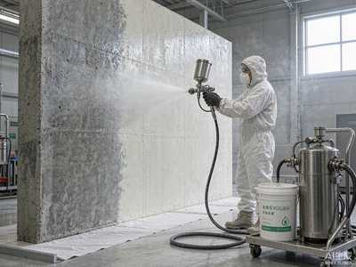Worker spray-applying water-based low-VOC FEVE fluorocarbon coating onto concrete panel