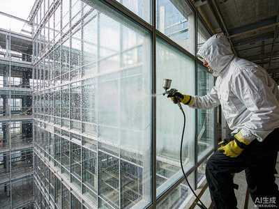 Technician spray-applying the transparent heat-reflective insulation coating onto a large glass facade panel
