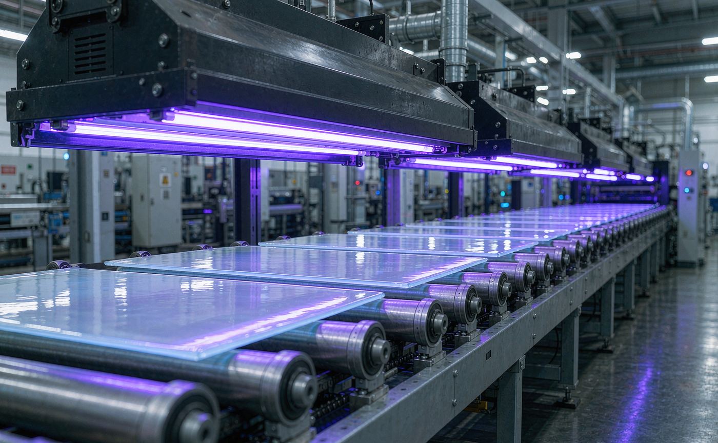 UV curing line applying clear varnish to coated panels under UV lamps