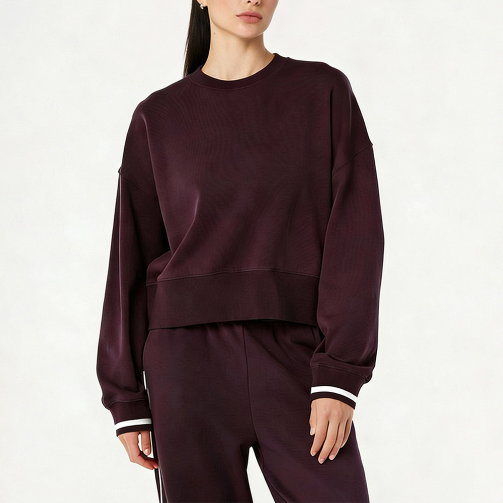 Burgundy women's drop shoulder cropped sweatshirt with striped cuffs, manufactured by CallTheSTYLE factory offering OEM services