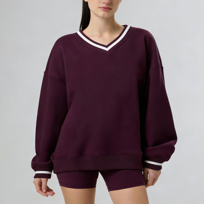 Private Label Oversized V-Neck Sweatshirt Women - Preppy Contrast Collar Pullover | Air Layer Fabric Custom Embroidery Ready