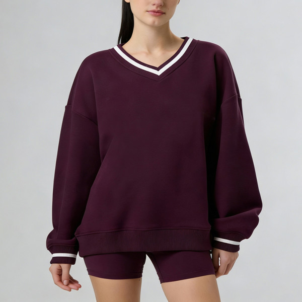 Private Label Oversized V-Neck Sweatshirt Women - Preppy Contrast Collar Pullover | Air Layer Fabric Custom Embroidery Ready
