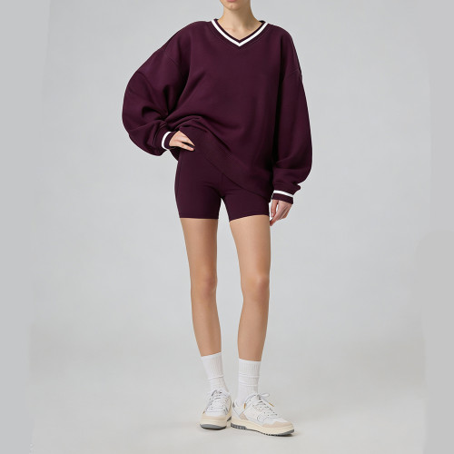 Private Label Oversized V-Neck Sweatshirt Women - Preppy Contrast Collar Pullover | Air Layer Fabric Custom Embroidery Ready