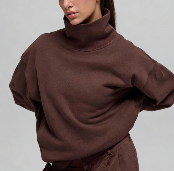 Womens Mock Neck Sweatshirt - Chocolate Brown Boxy Fit Pullover | Wholesale Blank Sweatshirts Manufacturer