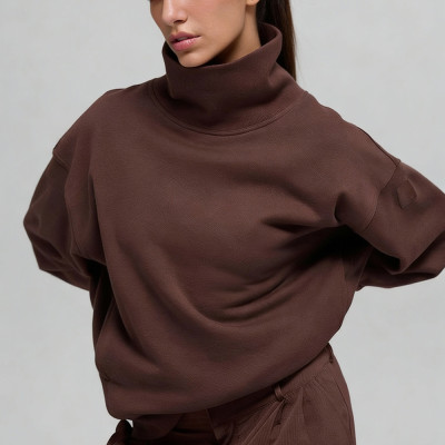 Womens Mock Neck Sweatshirt - Chocolate Brown Boxy Fit Pullover | Wholesale Blank Sweatshirts Manufacturer