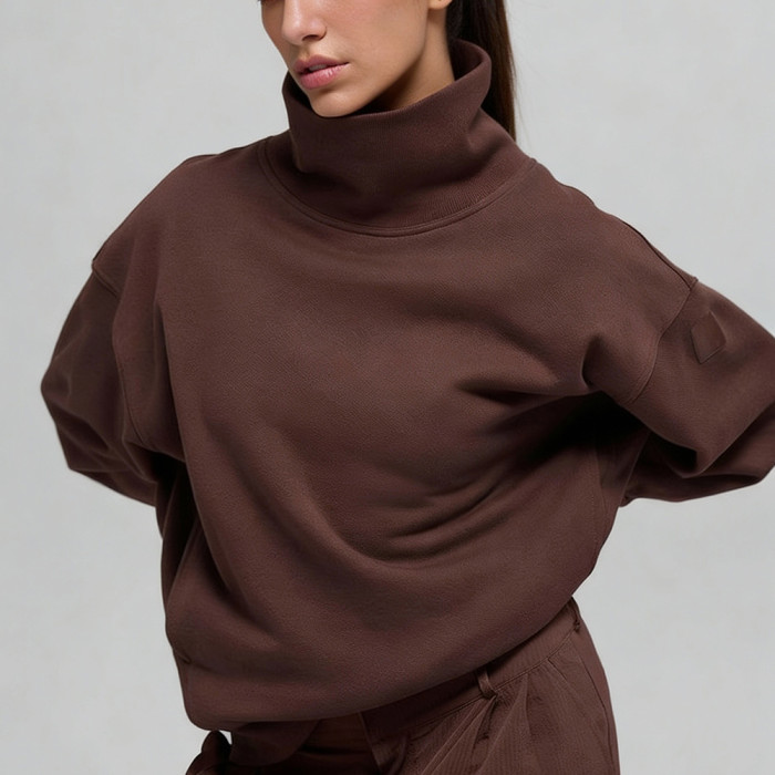 Womens Mock Neck Sweatshirt - Chocolate Brown Boxy Fit Pullover | Wholesale Blank Sweatshirts Manufacturer