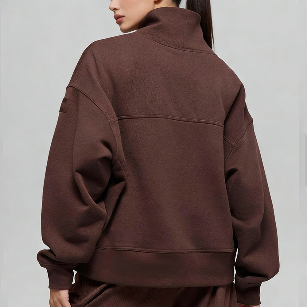 Back view of dark brown oversized drop shoulder pullover