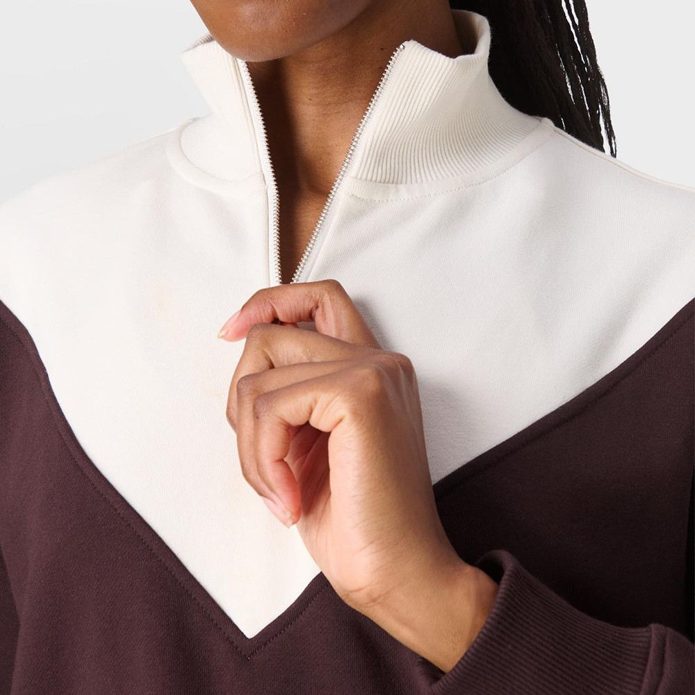 Close up of white mock neck half zip detail
