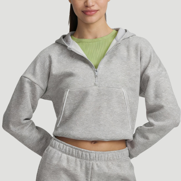 Grey Cropped Hoodie - Quarter Zip Polyester Cotton Blend Pullover | Custom Hoodie Manufacturer