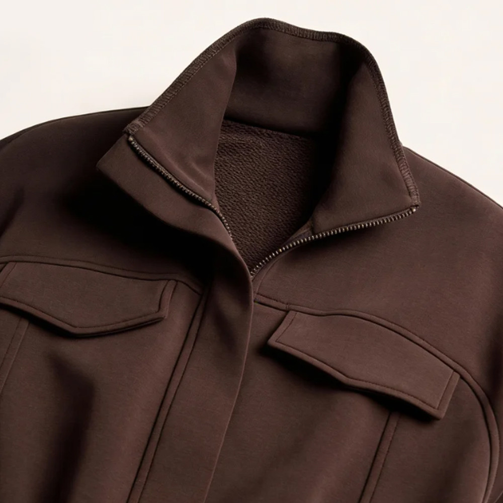 Stand collar zip up detail on brown jacket