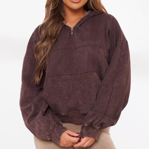 Y2K Zip Up Hoodie - Brown Acid Wash Quarter Zip Pullover | Streetwear Manufacturer