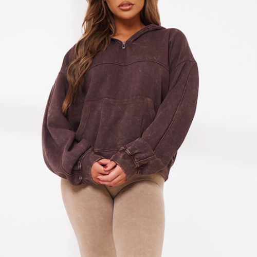 Y2K Zip Up Hoodie - Brown Acid Wash Quarter Zip Pullover | Streetwear Manufacturer