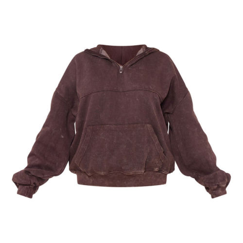 Y2K Zip Up Hoodie - Brown Acid Wash Quarter Zip Pullover | Streetwear Manufacturer