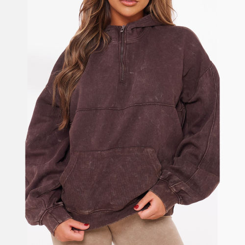 Y2K Zip Up Hoodie - Brown Acid Wash Quarter Zip Pullover | Streetwear Manufacturer