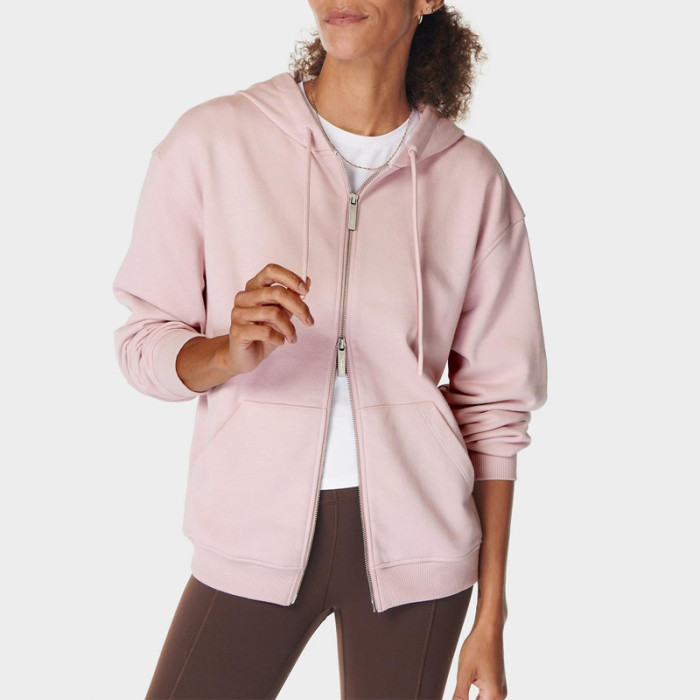 Pink Zip Up Hoodie - Cotton Spandex Double Zipper Jacket | Fitness Apparel Manufacturers