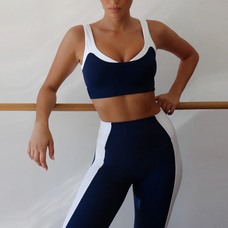 Navy blue color block yoga set two piece activewear sets wholesale