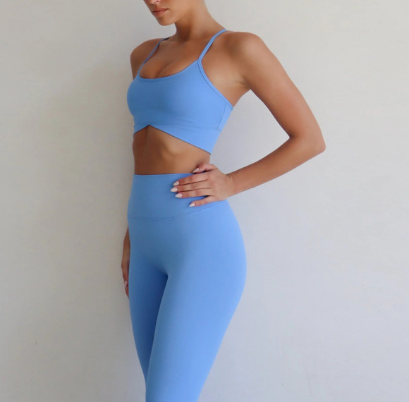 Two Piece Activewear Sets Wholesale - Sky Blue Cross Back Yoga Outfit | Sports Clothing Manufacturers