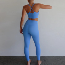 Two Piece Activewear Sets Wholesale - Sky Blue Cross Back Yoga Outfit | Sports Clothing Manufacturers