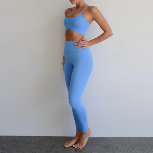 Two Piece Activewear Sets Wholesale - Sky Blue Cross Back Yoga Outfit | Sports Clothing Manufacturers