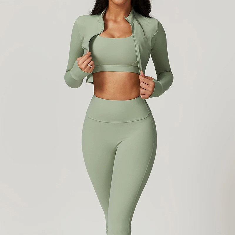 Sage green 3 piece yoga set wholesale sports clothing manufacturers