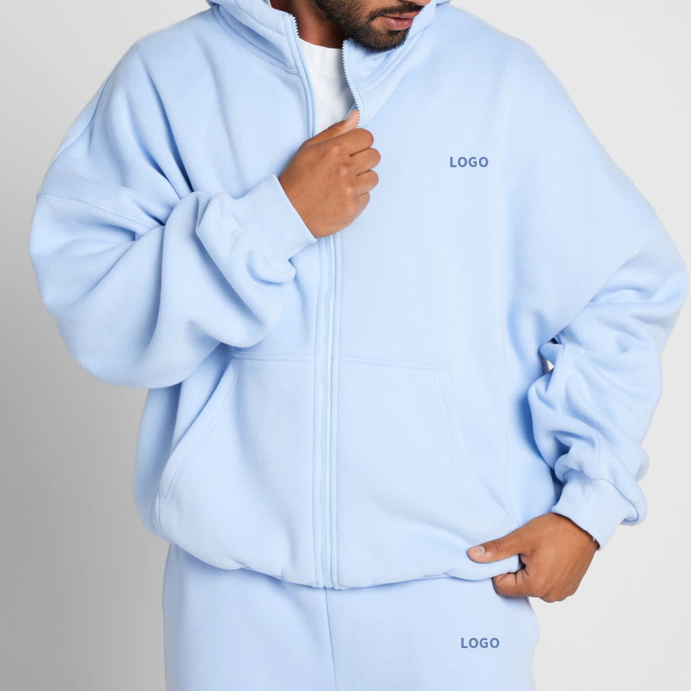 Pastel blue oversized zip up hoodie custom logo clothing manufacturer