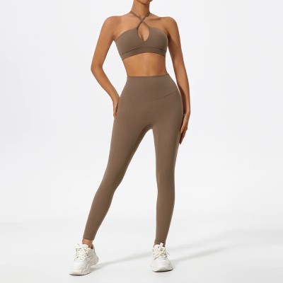 Brown Halter Neck Set Custom - Matching Workout Sets Glute Contour | Sports Clothing Manufacturers