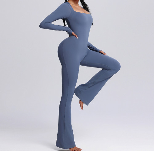 Flare Leg Bodysuit Custom - Square Neck Long Sleeve Yoga Jumpsuit | Private Label Fitness Apparel