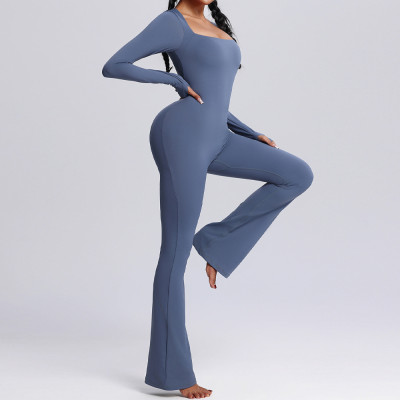 Flare Leg Bodysuit Custom - Square Neck Long Sleeve Yoga Jumpsuit | Private Label Fitness Apparel