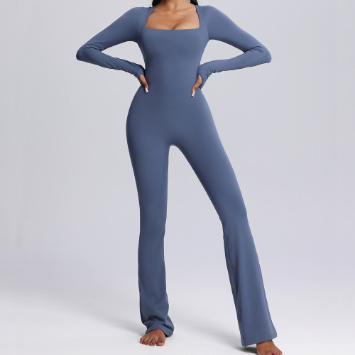 Flare Leg Bodysuit Custom - Square Neck Long Sleeve Yoga Jumpsuit | Private Label Fitness Apparel