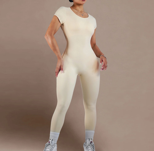 Trendy Sexy Gym Outfits Custom - Open Back Short Sleeve Yoga Jumpsuit | Private Label Activewear