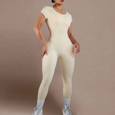 Trendy Sexy Gym Outfits Custom - Open Back Short Sleeve Yoga Jumpsuit | Private Label Activewear