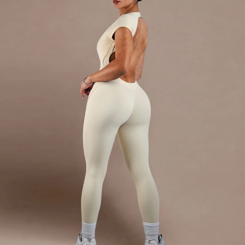 Trendy Sexy Gym Outfits Custom - Open Back Short Sleeve Yoga Jumpsuit | Private Label Activewear