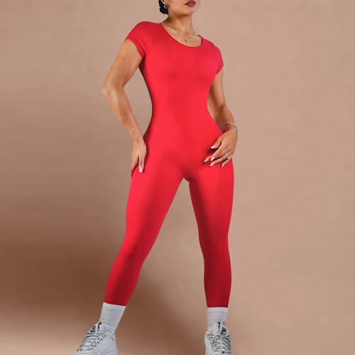 Trendy Sexy Gym Outfits Custom - Open Back Short Sleeve Yoga Jumpsuit | Private Label Activewear