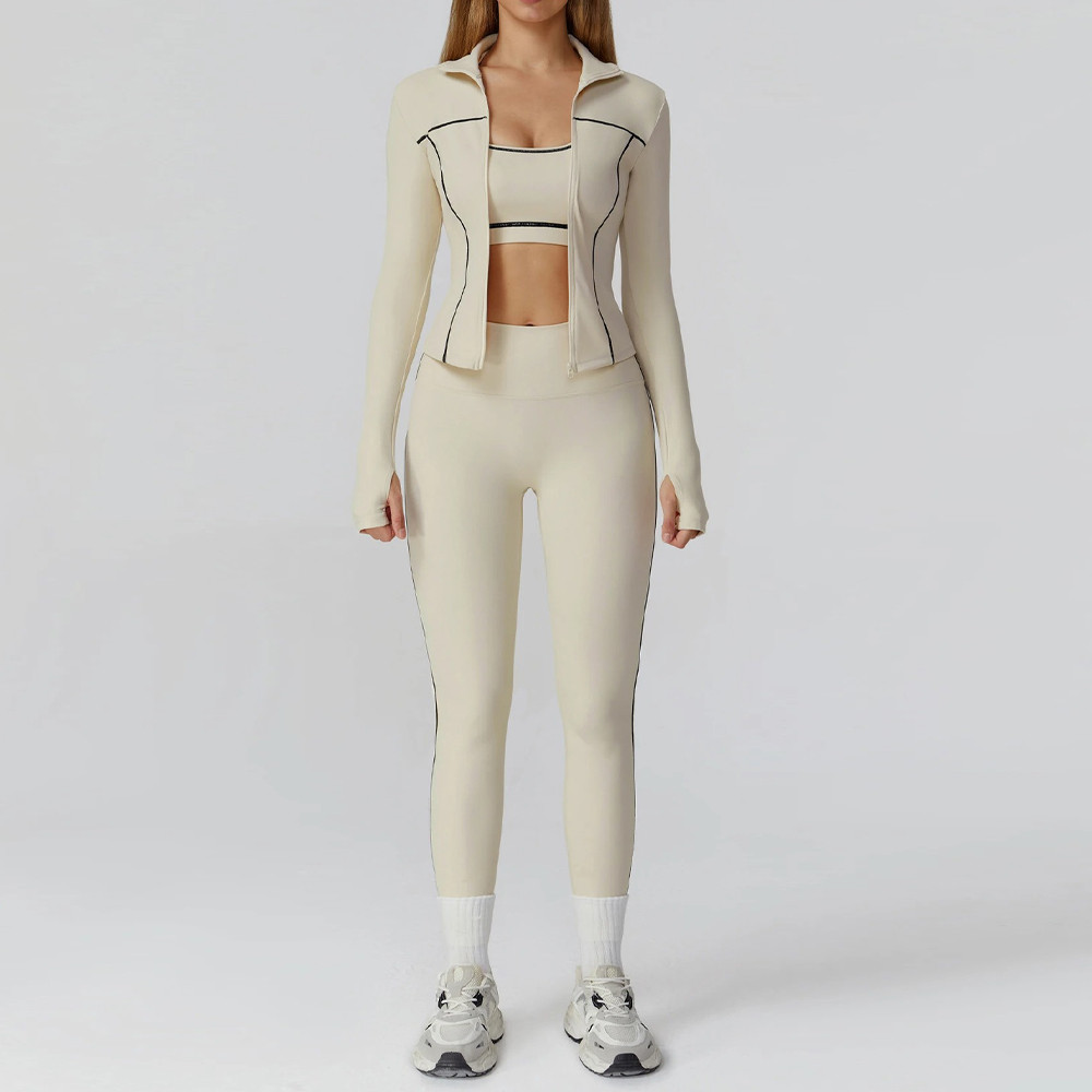 Beige womens tracksuit set zip up jacket leggings