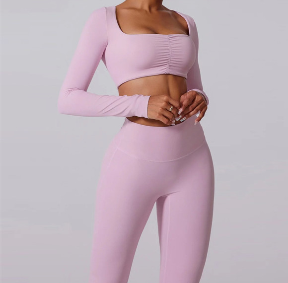 Flare Leggings Set Custom - Square Neck Long Sleeve Yoga Outfit | Gym Clothing Manufacturer