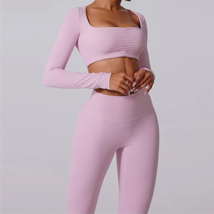 Flare Leggings Set Custom - Square Neck Long Sleeve Yoga Outfit | Gym Clothing Manufacturer