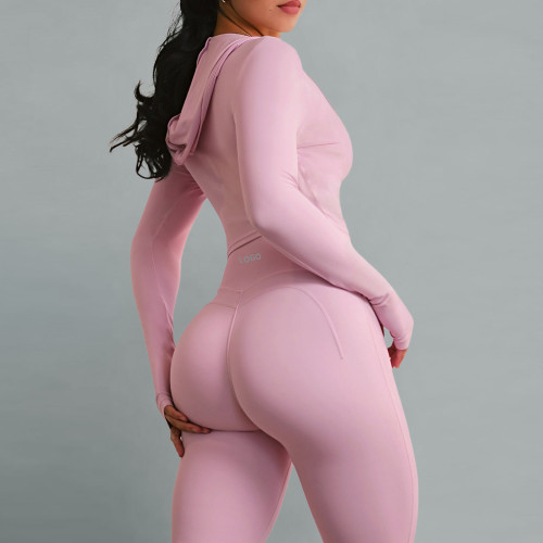 No Front Seam Yoga Set Custom - Hooded Long Sleeve Top & Leggings | Gym Clothing Manufacturer