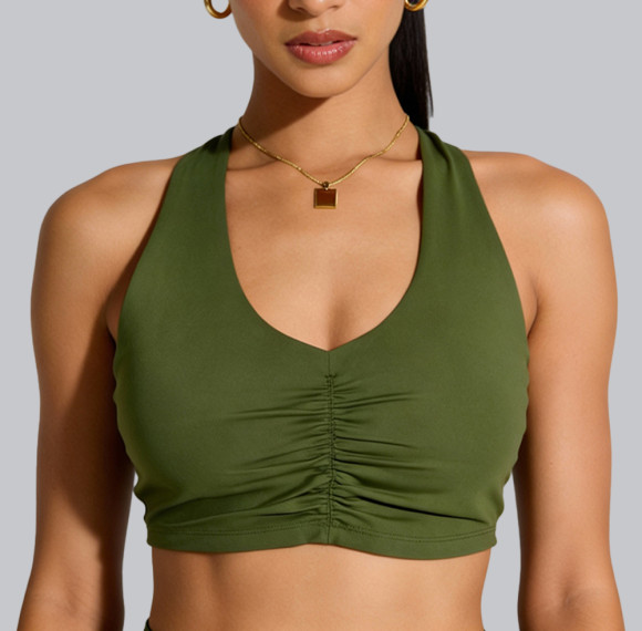 Halter Neck Sports Bra Manufacturer - Ruched Deep V Yoga Top | Sports Bra Supplier