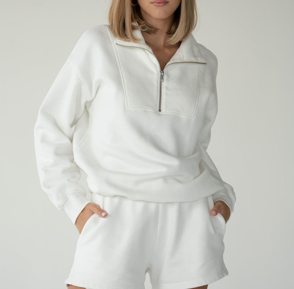 Custom Quarter Zip Sweatshirt Manufacturer - Optical White Organic Cotton Pullover | Sustainable Clothing Factory